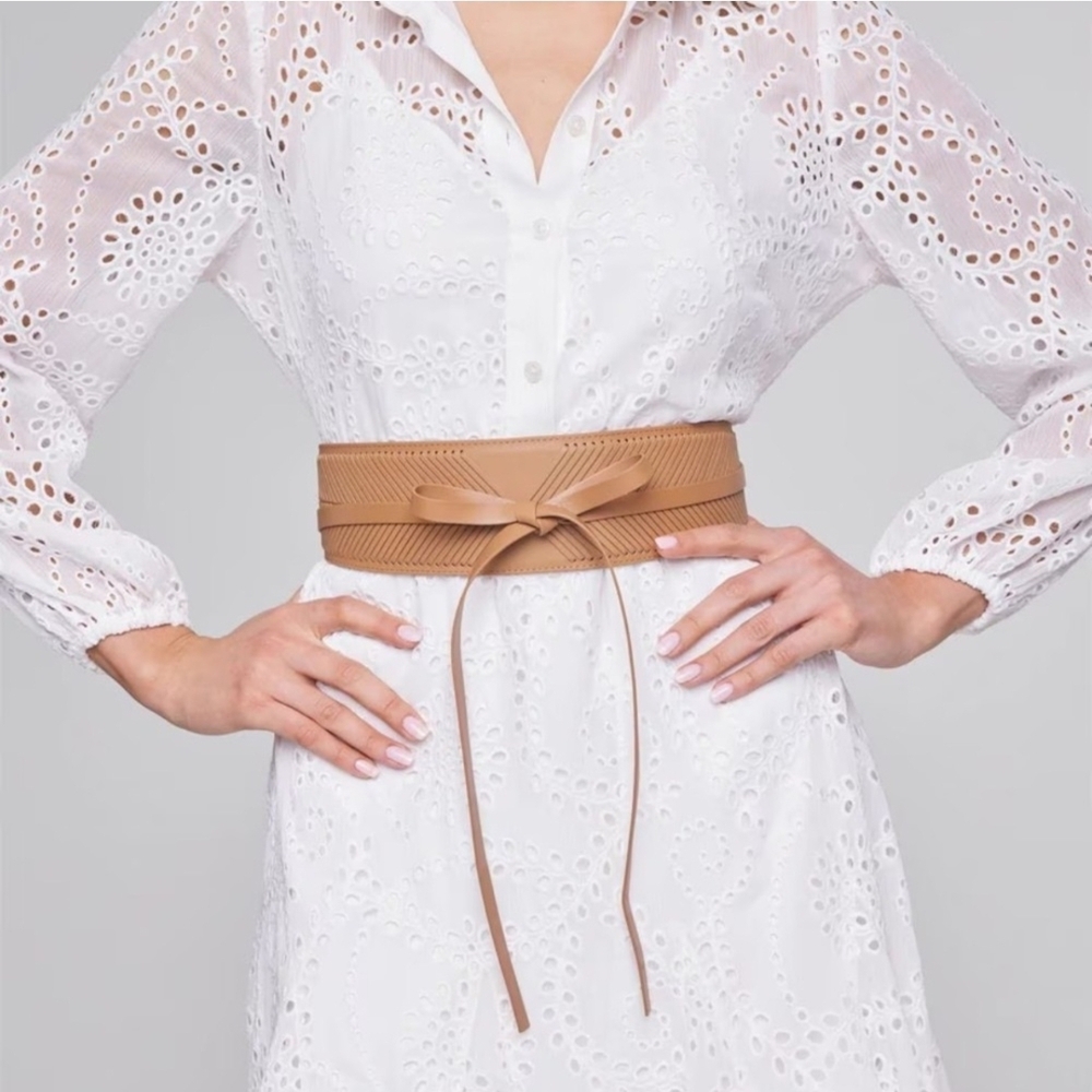 NWT WHITE HOUSE BLACK MARKET Tan Whip-Stitch Tie Obi Belt M/L
